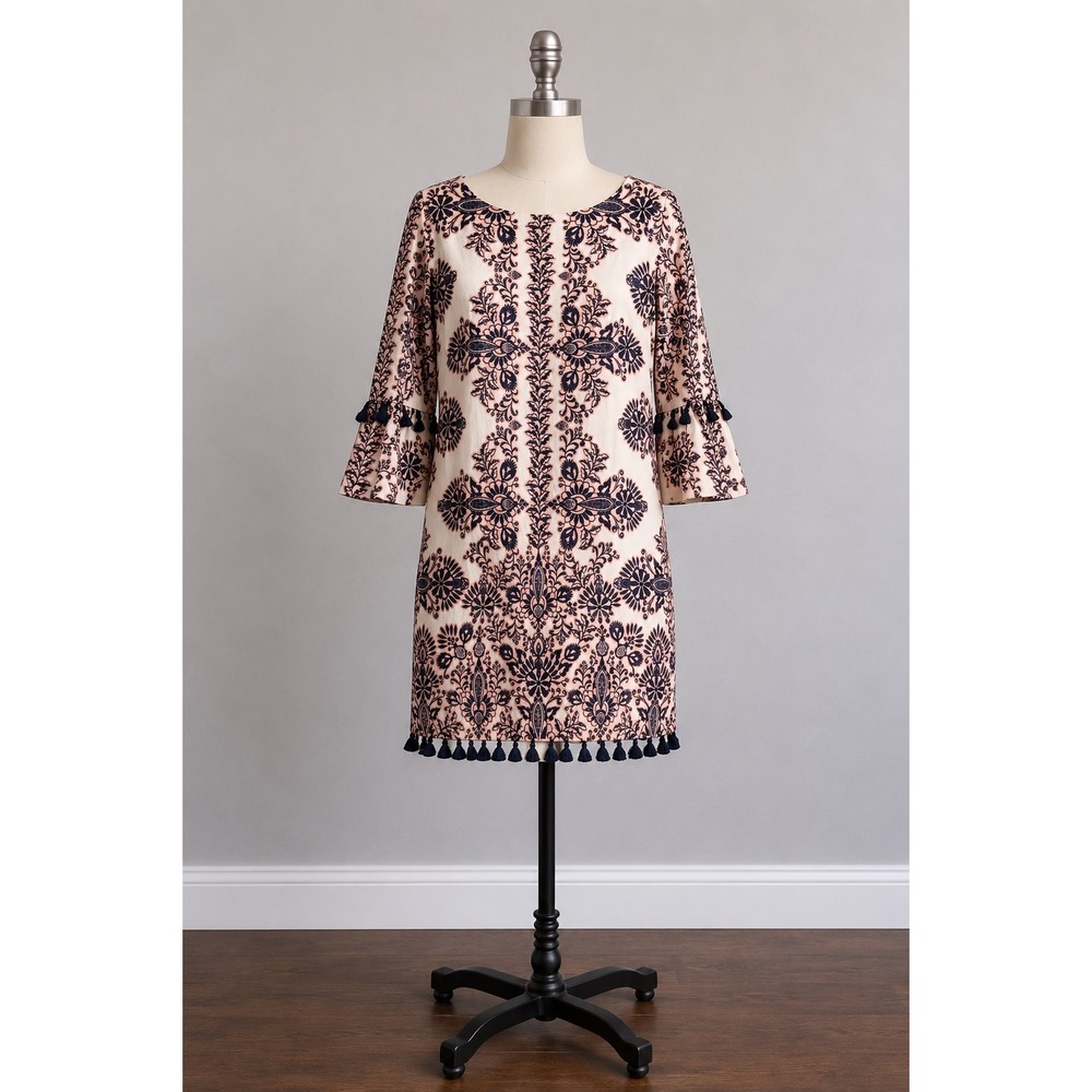 Vince Camuto Dress Sz 4 White Navy‎ Blue Tassel Bell Sleeve Damask Boho Flaw